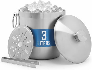 Insulated Ice Bucket With Lid, Tongs & Strainer - 3 Liter Premium Stainless Steel Ice Bucket for Cocktail Bar, Keeps