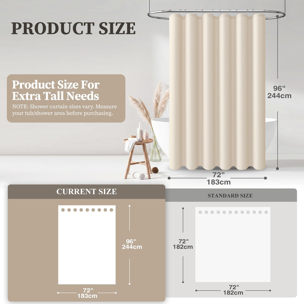 Extra Long Linen Textured Fabric Shower Curtain, 72x96, Beige/Cream