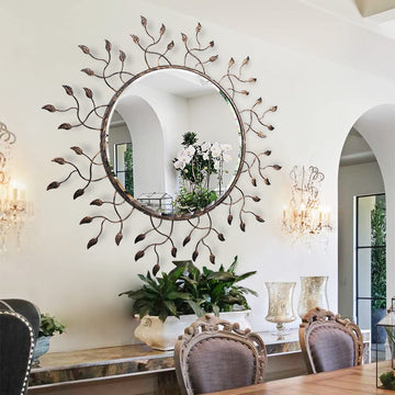 Round Decorative Mirror for Wall Decor, 39" x 39" Large Living Room Mirror with Removable Metal Leaves, Farmhouse
