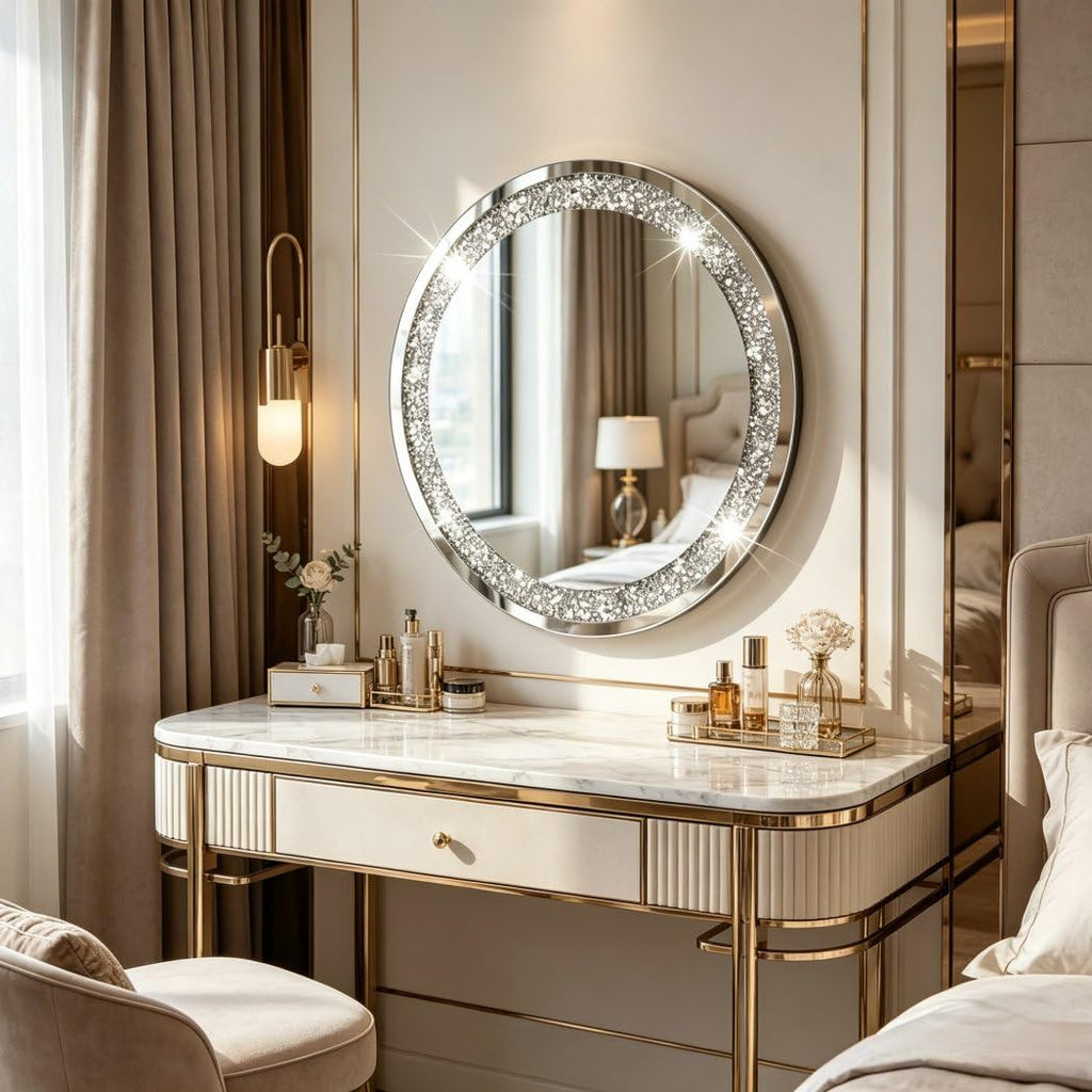 Crystal Crush Diamond Sparkly Round Silver Mirror for Wall Decoration 20x20x1 inch Wall Hang Frameless Bling Stylish