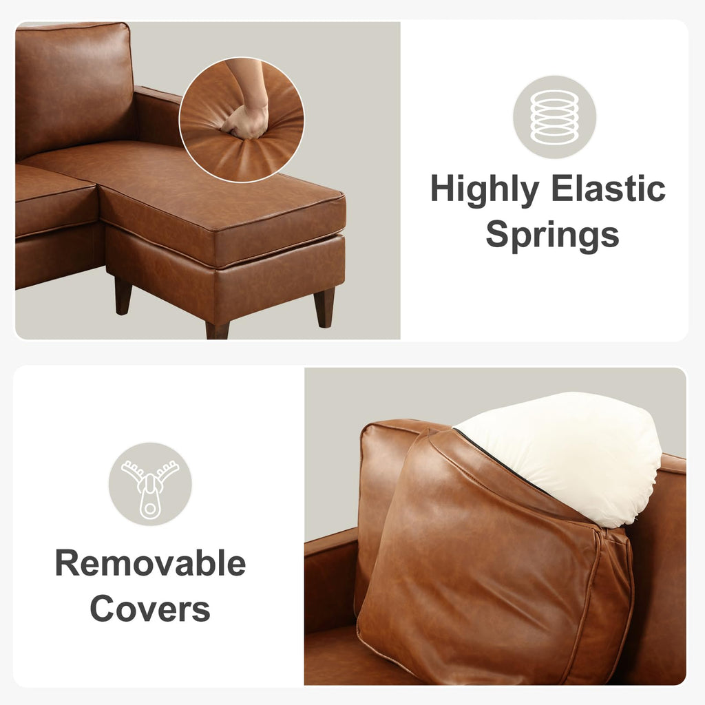 Faux Leather L Shaped Couch with Solid Wood Feet, 3-Seater Sofa with Reversible Chaise, Sectional Couches, Brown