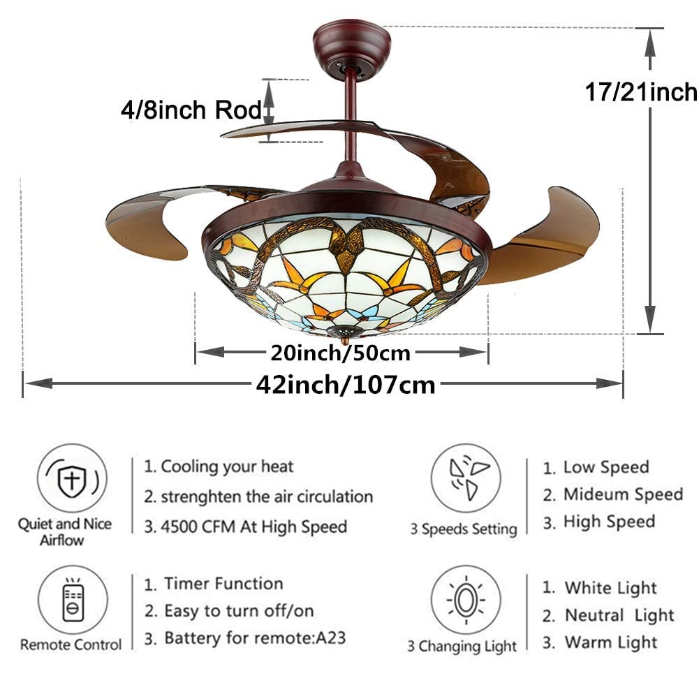 42" Vintage Style Ceiling Fan with Light, Remote Control Classic LED Chandelier Retractable Blades 3 Light Changes