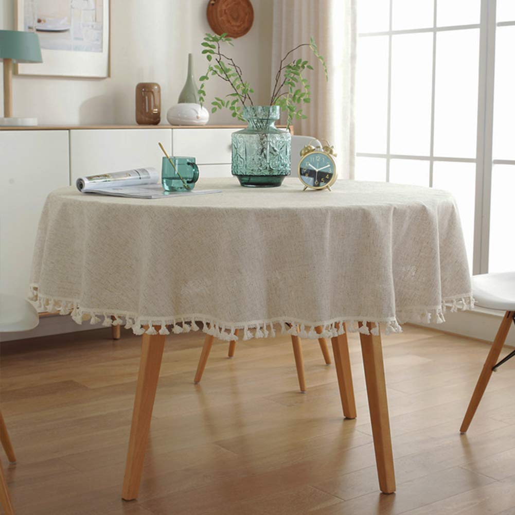Linen Round Tablecloth, Fabric Circle Table Cloth with Tassels, Washable Wrinkle Free Table Cover Boho Farmhouse