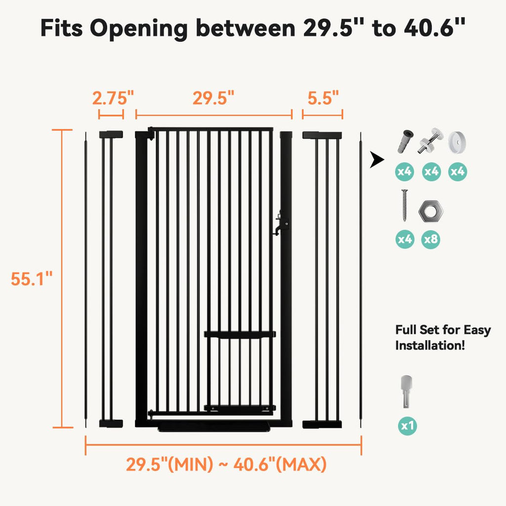 55.1" Extra Tall Pet Gate, 29.5-40.6" Wide with Adjustable Cat Door