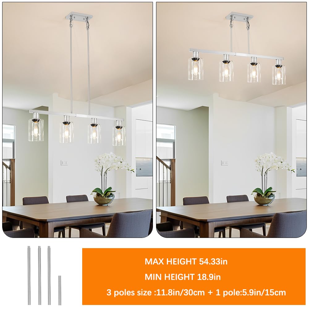 Brushed Nickel 4-Light Kitchen Island Lighting, Adjustable Island Lights with Clear Glass Shades - Kitchen Pendant