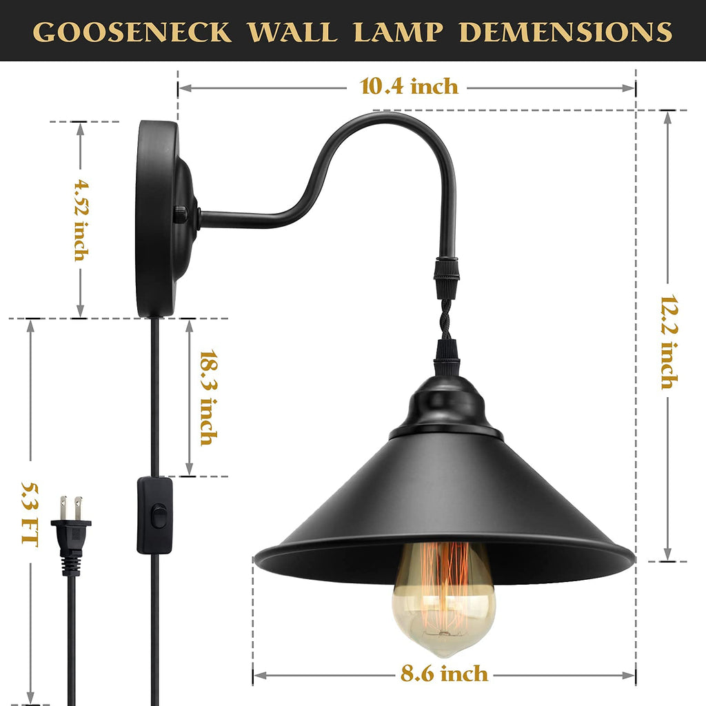 Plug in Wall Sconces, Vintage Plug in Wall Lamp Set of 2 with On/Off Switch, Metal Black Industrial Wall Mounted