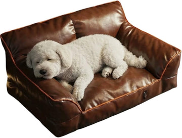 Leather Dog Bed Couch for Small and Medium Dogs Mid Century Modern Elevated Cat Sofa Chair Luxurious Indoor Furniture