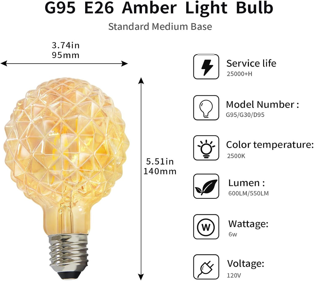 Vintage Edison Bulb G30 G95 6W Equivalent 60watt, Dimmable CRI 90+ LED Filament Light Amber Globe Pineapple 2500K E26