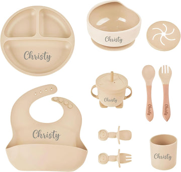 Personalized Silicone Baby Feeding Set with Name, Customized Baby Led Weaning Supplies Self Feeding Eating Utensils