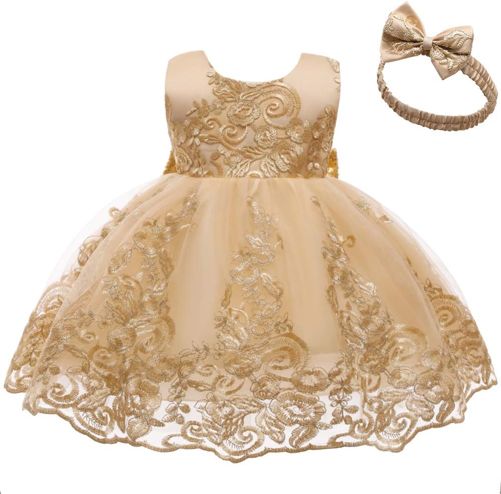 0-6 Years Baby Girls Pageant Lace Embroidery Dresses Toddler Formal Dress with Headwear