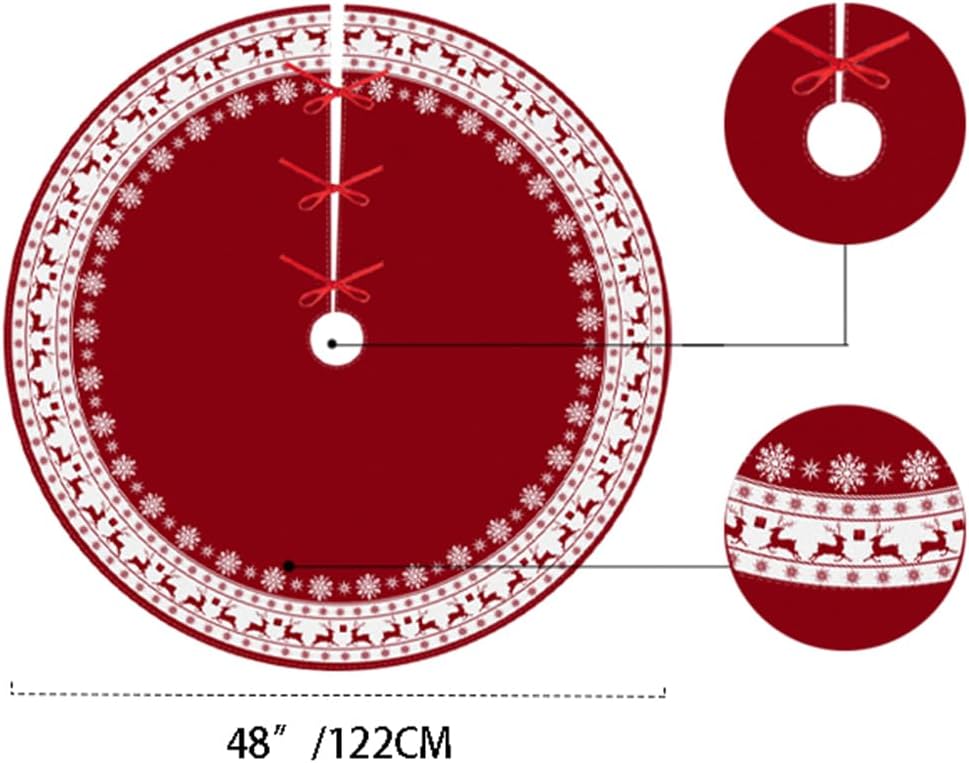 Christmas Tree Skirt, Red Tree Skirts 48 Inch with Snowflake Reindeer Rustic Farmhouse Xmas Tree Skirt Christmas