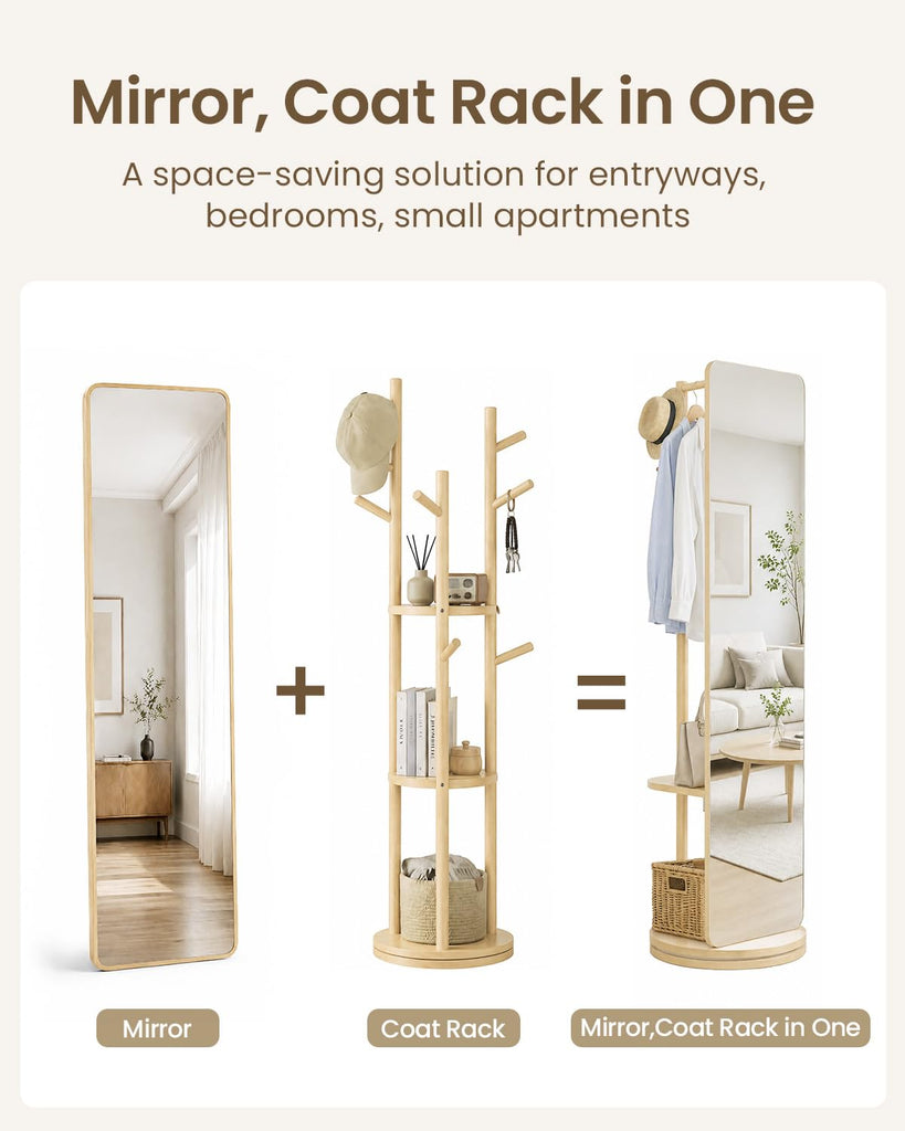 69" x 19" Rotating Full Length Mirror with Coat Rack Storage