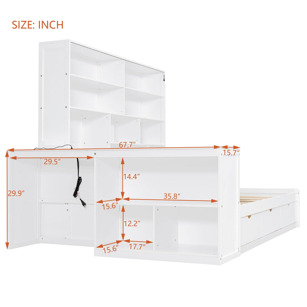 Full Size Wooden Daybed with Desk, Shelves and Lights (White/L, Full)