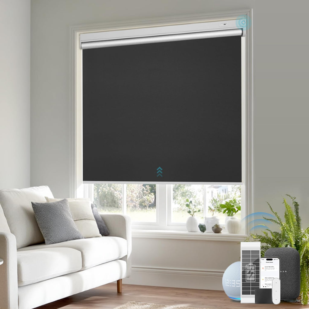 Smart Motorized Blackout Roller Blinds with Remote & Solar P - Black 23”*72”