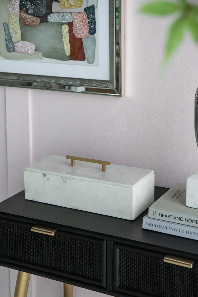 White Marble Rectangular Storage Box with Brass Handle, Contemporary Accent Box, Removable Lid, 14.5' x 7'