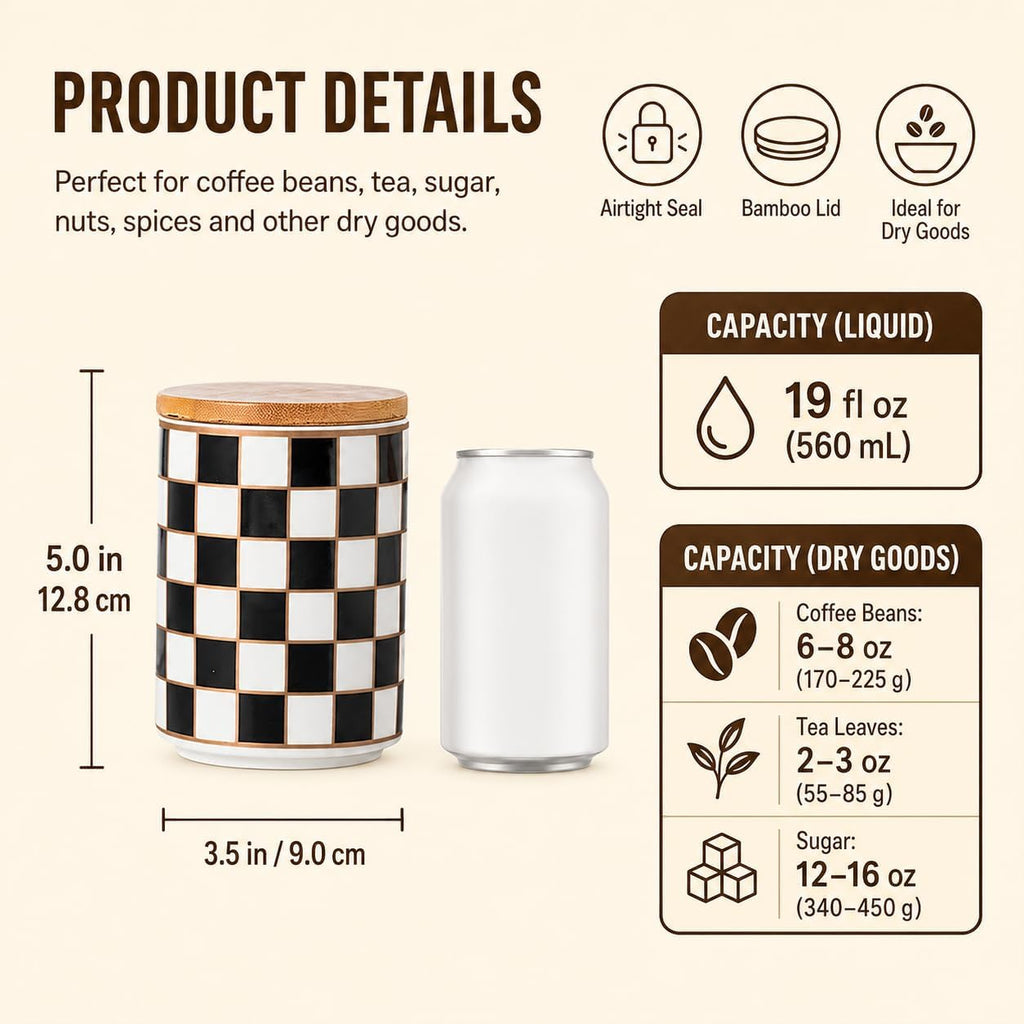 Kitchen Countertop Ceramic Checkered Canisters,Black And White Food Storage Containers With Lid,Airtight Kitchen