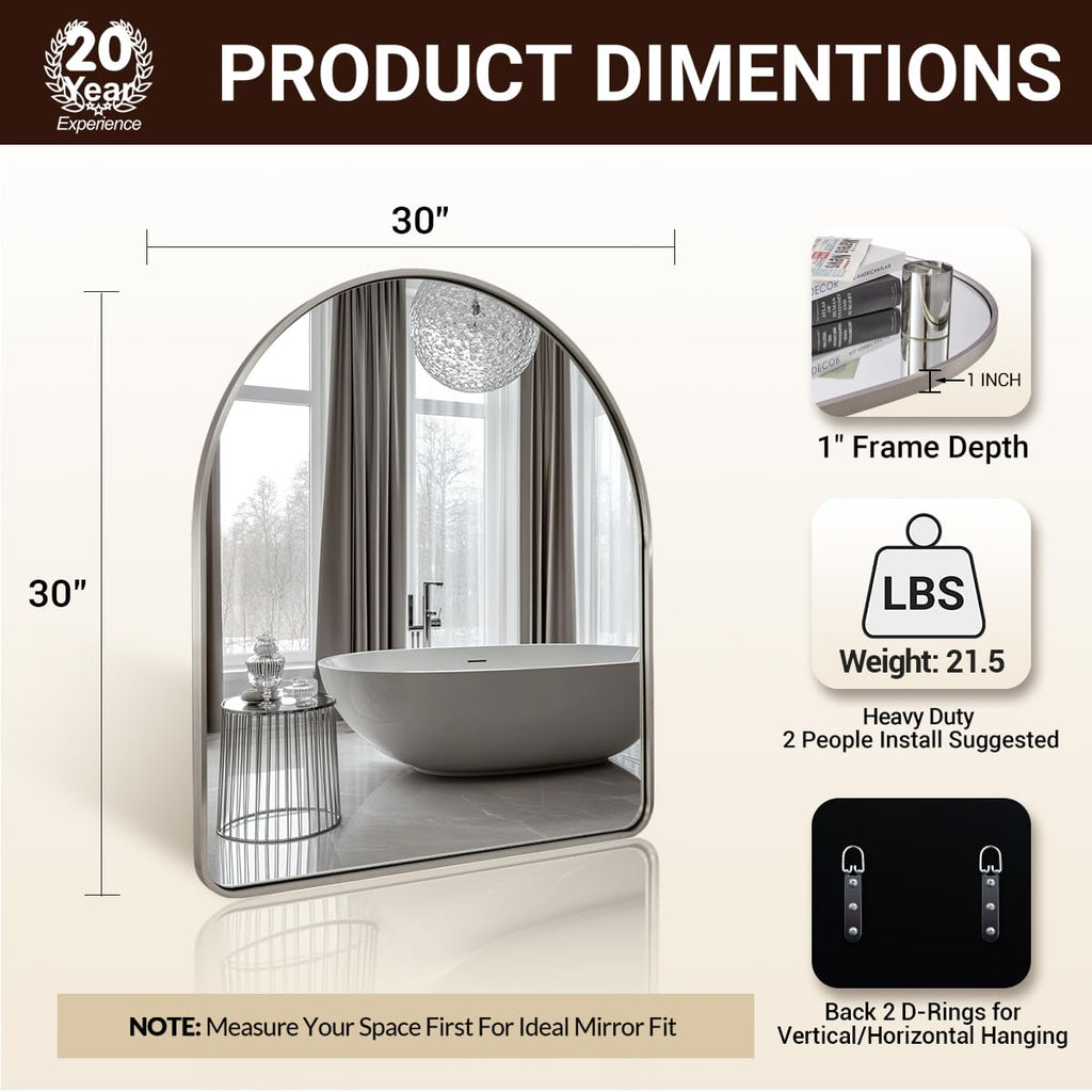 Brushed Nickel Arched Mirror, 30x30'' Arch Wall Mirror, Arch Bathroom Mirror Rustproof Metal Frame 1'' Deep Set Wall