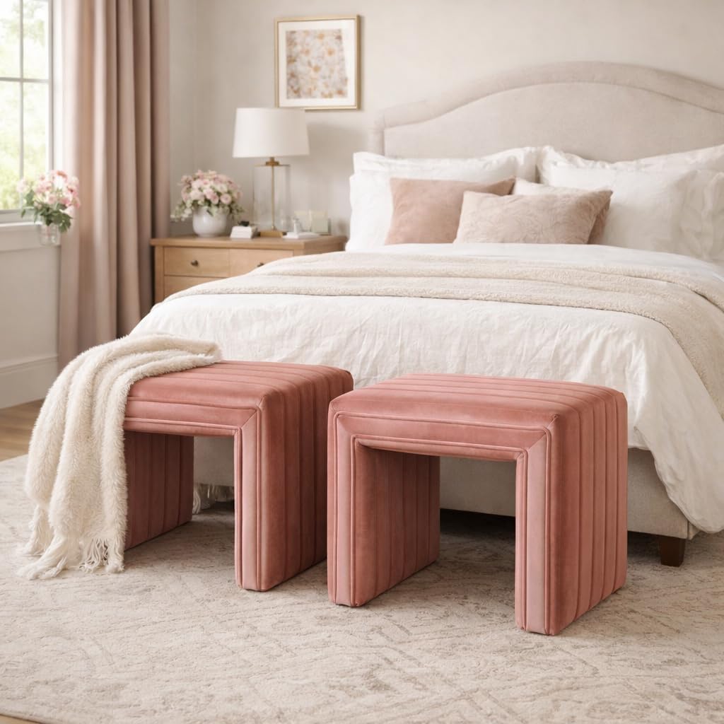 19" Modern Channel Tufted Velvet Ottoman - Blush Pink