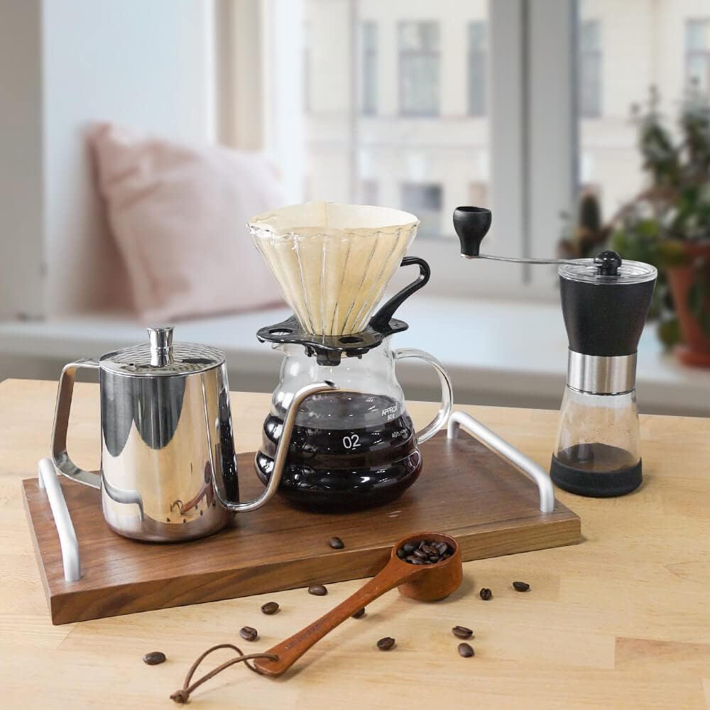 Pour Over Coffee Maker Set, Manual Coffee Kit with 600ml Gooseneck Kettle, Filter Holder, Glass Server & Paper