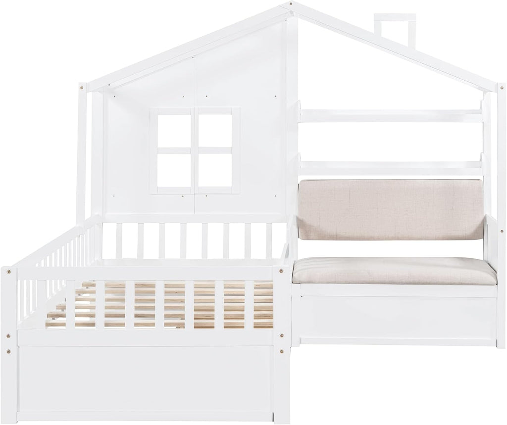 Kids Tw Bed Frame with Upholstered Sofa and 2 Drawers, Wood Montessori Bed with Storage Shelves and Tall Rails, L