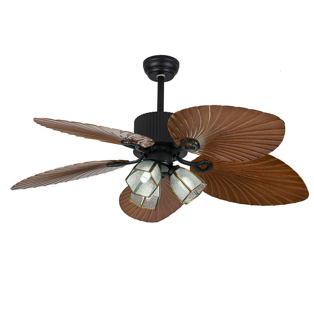 Palm Ceiling Fan Light, 52 Inch Remote Control Ceiling Fan Chandelier 5 Bronze Royal Palm Leaf Shape Blades Fixtures