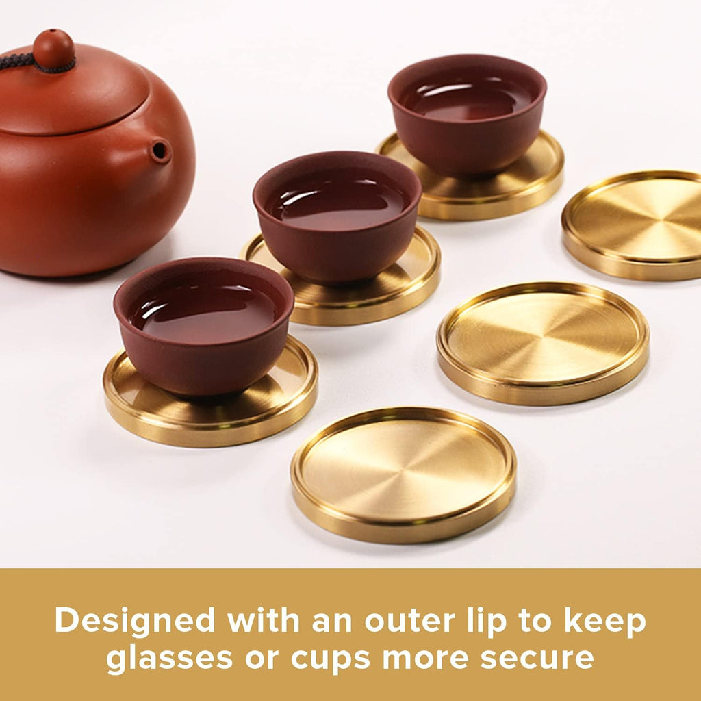 Heavy Brass Coasters for Drinks (6-Pack) - Solid Bronze Gold Coasters - Classy MCM Style Premium Coaster Set - 5 Star - Set of 6