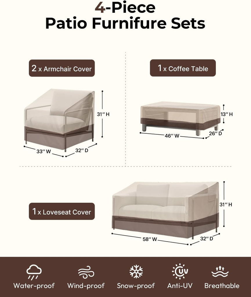 Patio Furniture Cover Set, 4 Piece Outdoor Furniture Cover Waterproof, 600D Heavy Duty Lawn Patio Set Covers