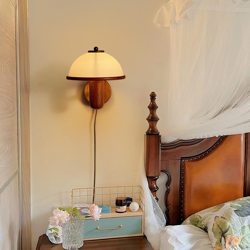 Renter Friendly Plug in Modern Wall Sconce Mid Century with White Milk Shade Rustic Wood Wall Mount Light Hardwired