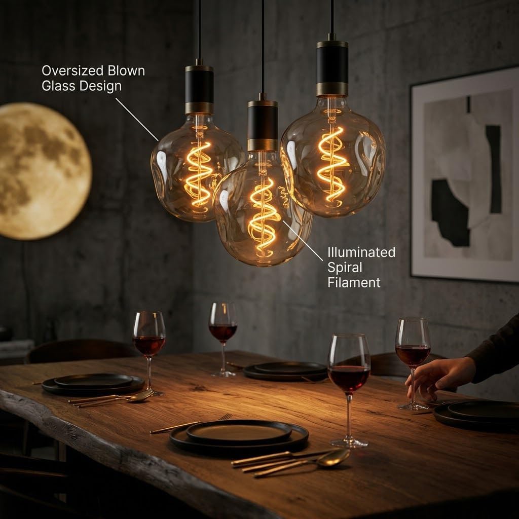 5W Oversized Irregular LED Light Bulb, 5-Inch (G125) Decorative Amber Glass Bulb, Flexible Spiral Filament, 2200K