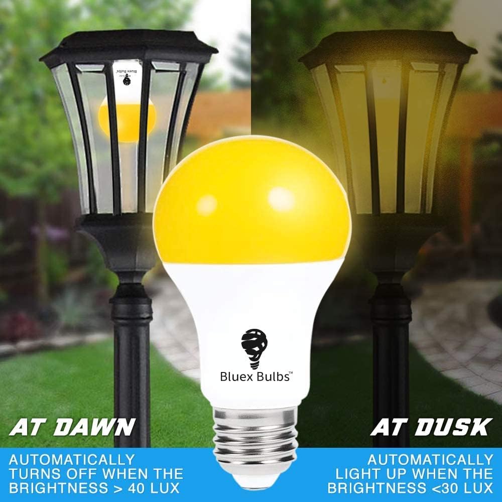 4 Pack LED Dusk to Dawn A19 Bug Light Bulb, Yellow Amber Light With Automatic Sensor, Porch Security Light, Auto