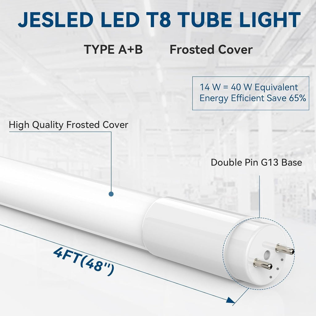 20 Pack T8 Led Bulbs 4 Foot,14W(40W Equiv) 2450LM 5000K Type A+B ETL