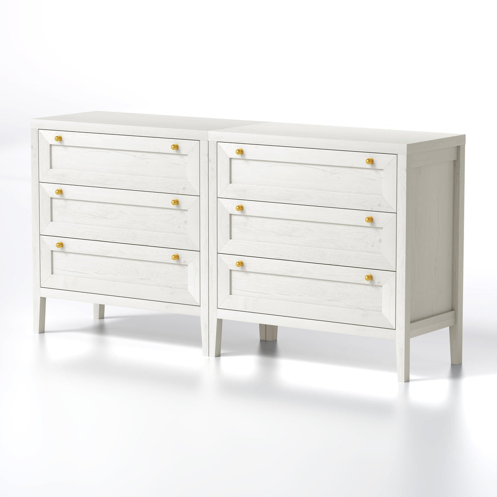 3 Drawer Dressers Set of 2, Farmhouse Chest of Drawers with Golden Handles, Large Wood Tall Nightstand, Storage