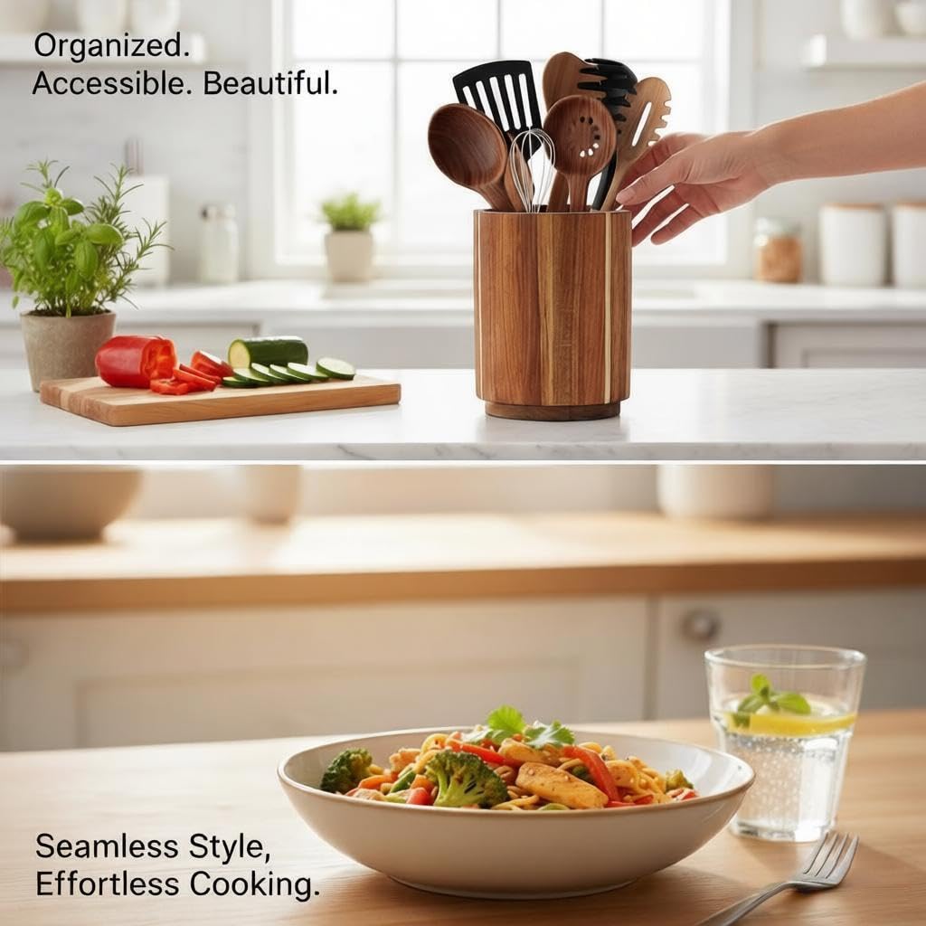 360° Rotating Acacia Wood Kitchen Utensil Holder, Large Capacity Countertop Cooking‐Tool Organizer with Non‐Slip Base