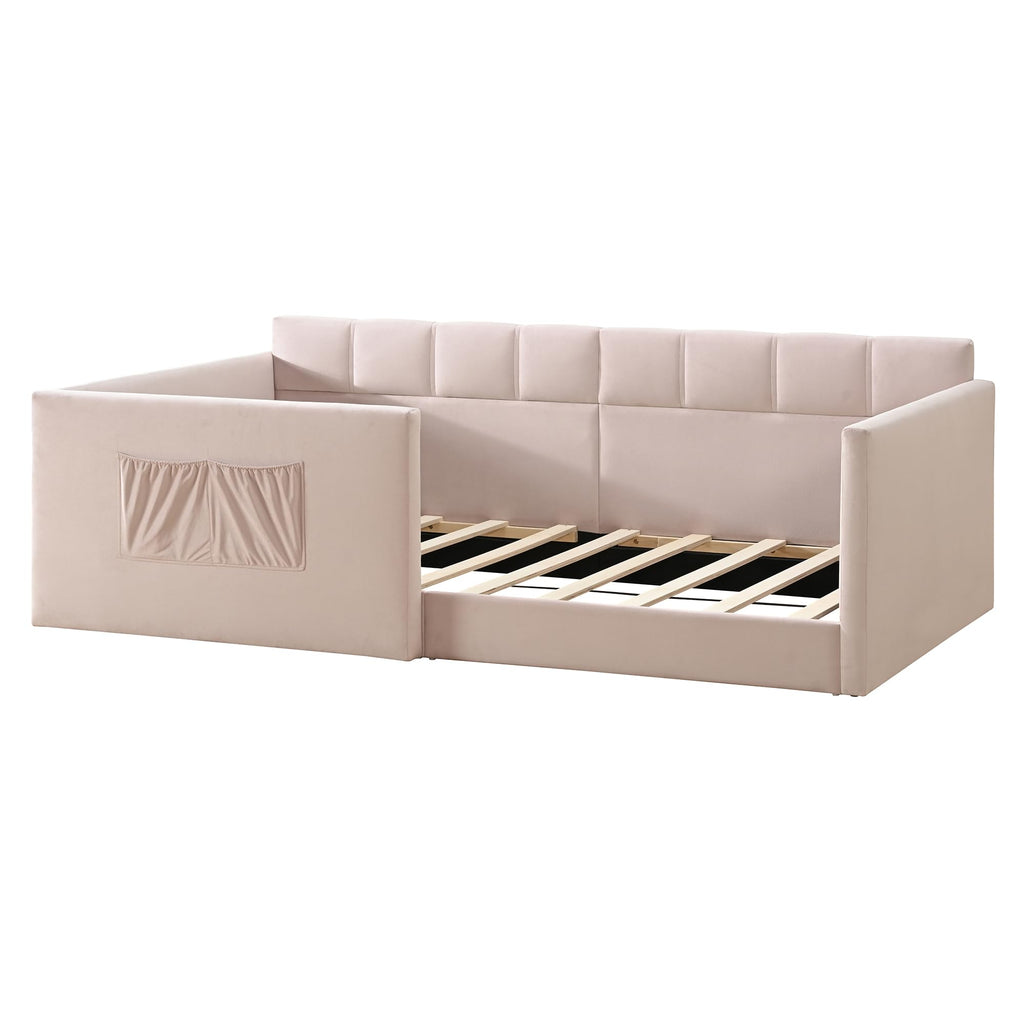 Twin Daybed Velvet Upholstered Sofa Bed with High Guardrail and Side Entrance, Space-Saving Twin Floor Day Bed with