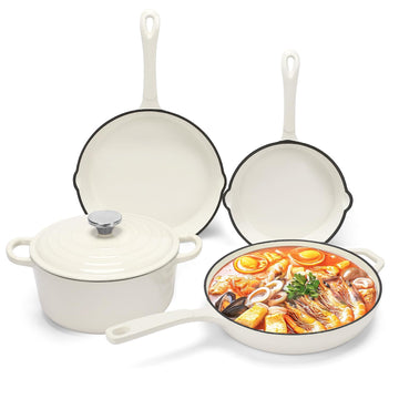 Nonstick Enameled Cast Iron Cookware Set- 3 Frying Pan and 1Piece Pots with Lid, Skillet, Heavy Duty Cookware, Dutch