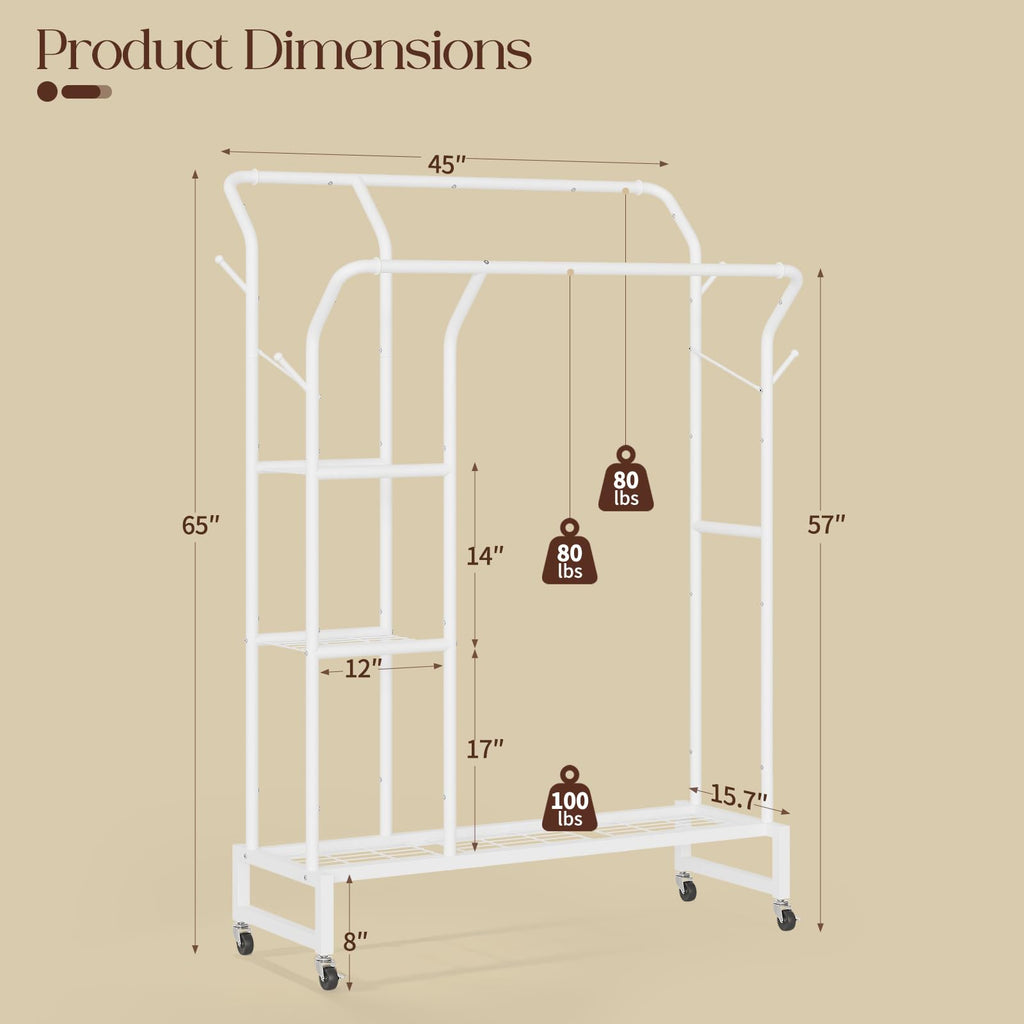 Double Rods Clothes Rack - Portable Clothing Rack with Wheels, Rolling Garment Rack with 3-Tier Shelves & 4 Hooks