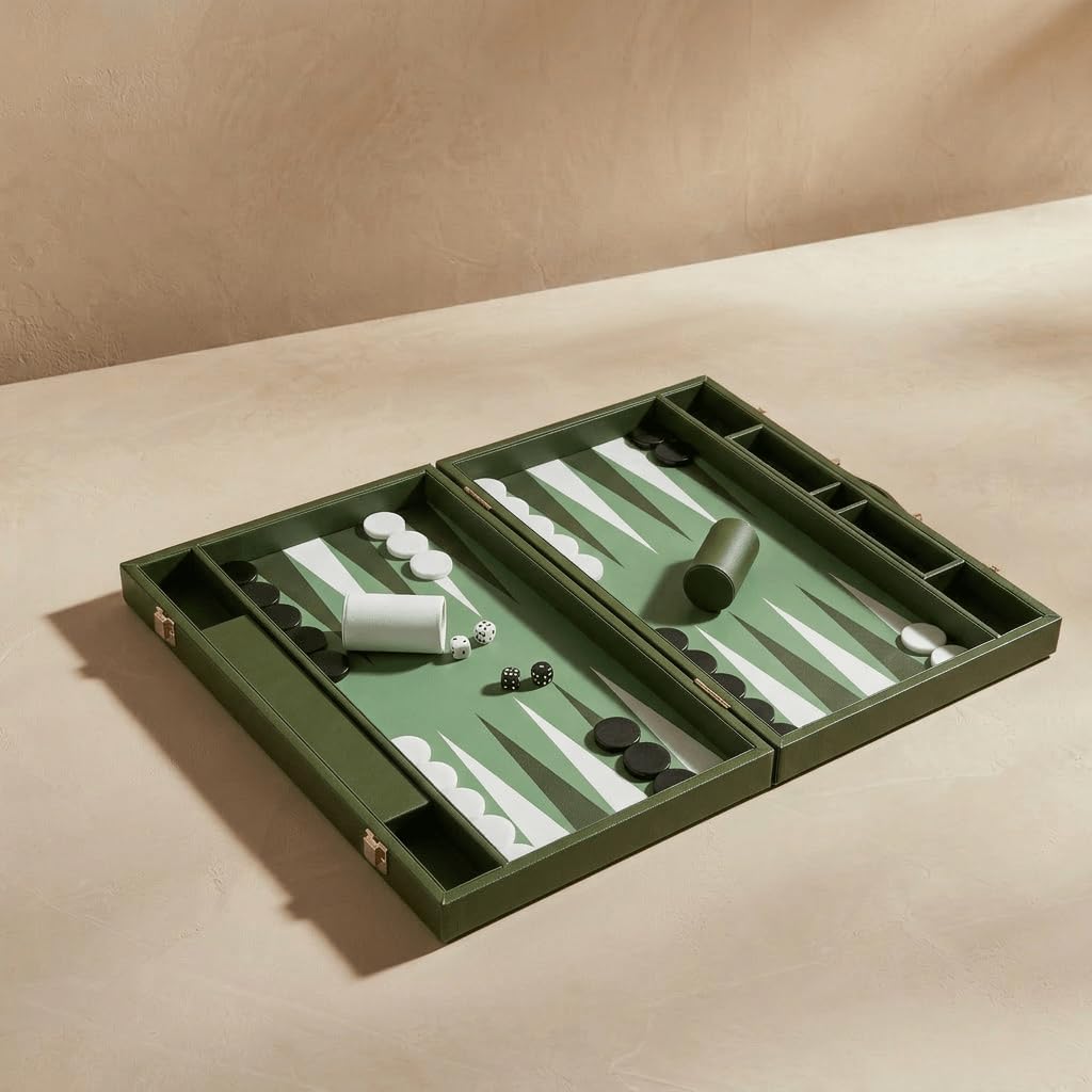 Premium Backgammon Set - 20 Inch Large Backgammon Game with Dice, Doubling Cube & Cups - Green & White Foldable