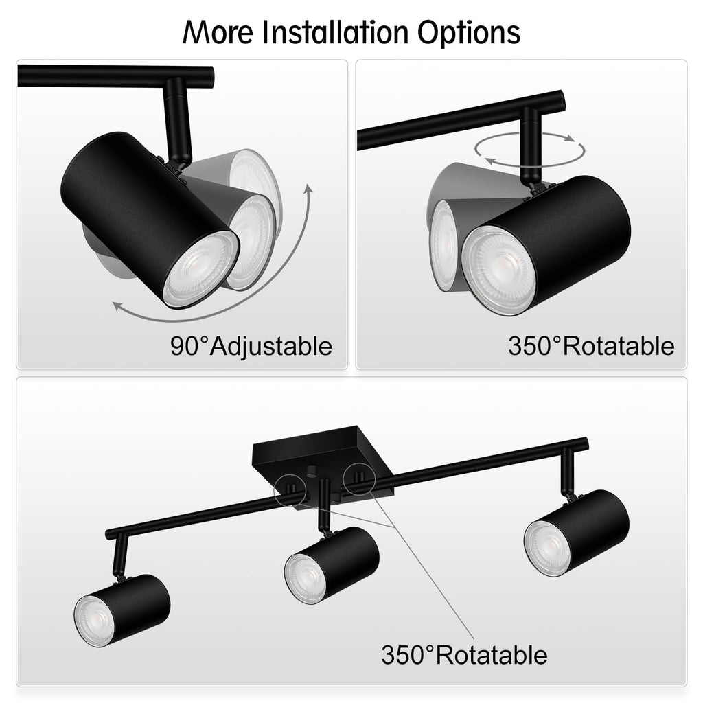 3 Light Track Lighting Fixtures Ceiling, Black LED Track Lighting Kit, Modern Kitchen Track Lights with Rotatable