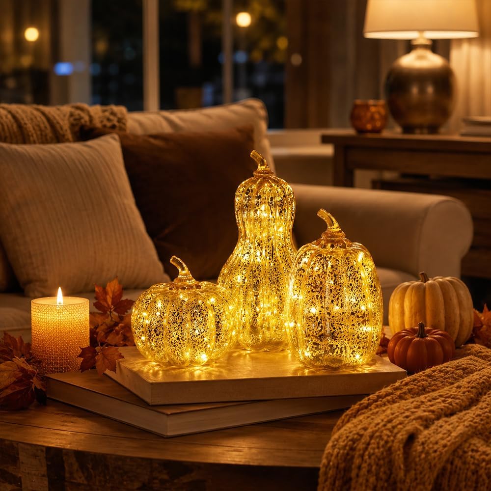 Lighted Glass Pumpkin Decor, Set of 3 Gold Mercury Glass Pumpkins with Lights and Timer for Fall Thanksgiving