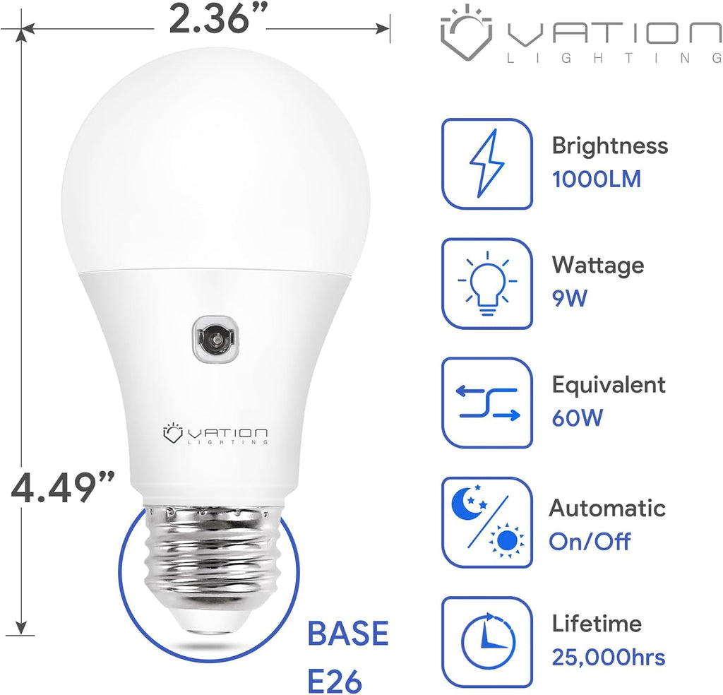 A19 Dusk to Dawn Sensor LED Light Bulbs Outdoor, Warm White 3000K, Energy Efficient 9W(60 Watt Equivalent), E26