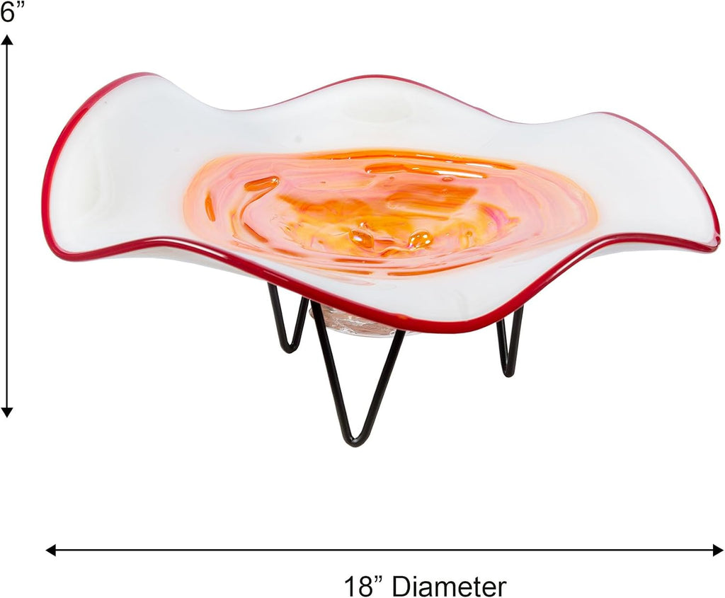 AV23010 Cavalier Hand Blown Art Glass Bowl with Decorative Centerpiece Stand, White Orange, 18-Inch Wide
