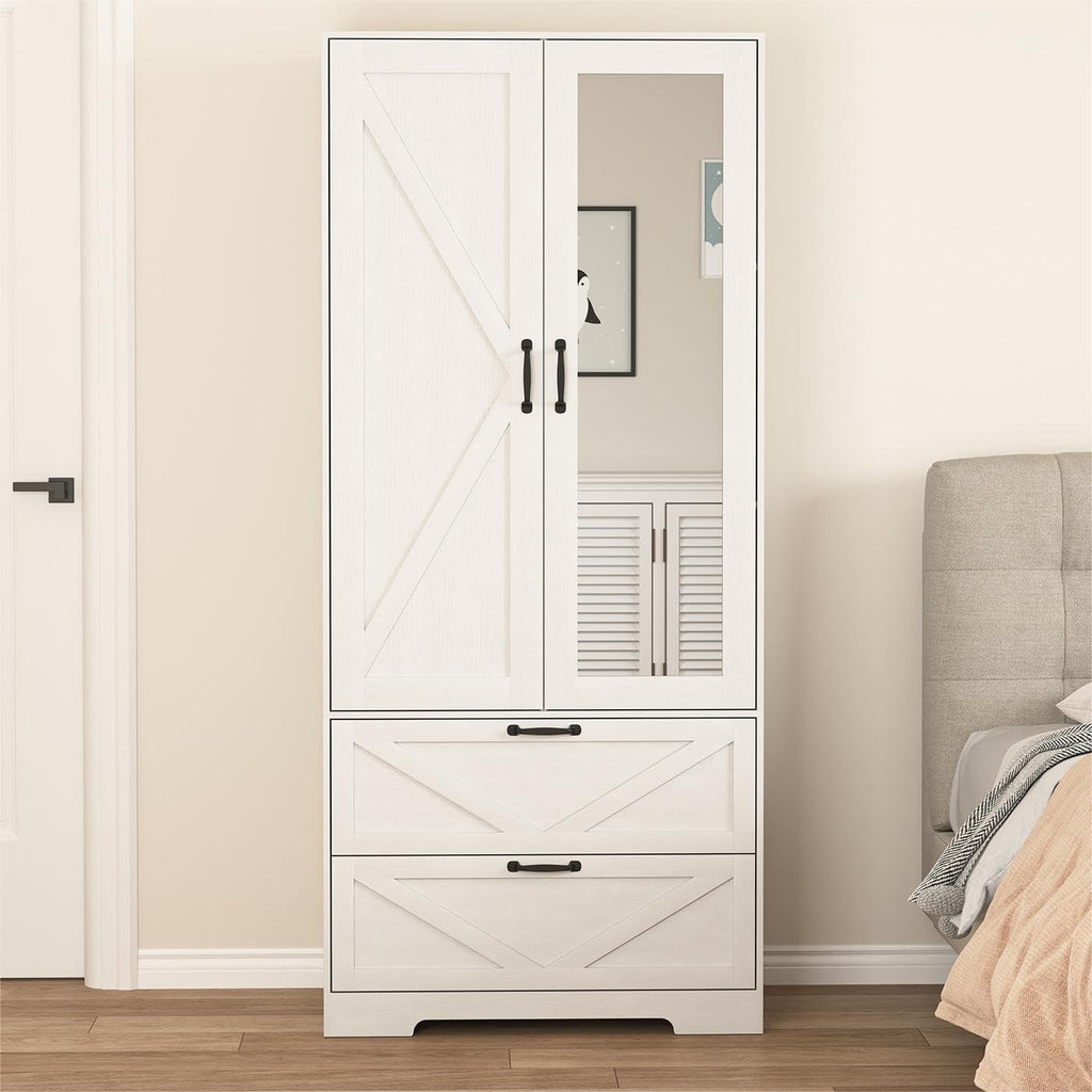 72" Armoire Wardrobe Closet with Mirror Door and LED Lights, Farmhouse Bedroom Armoire with Drawers and Adjustable