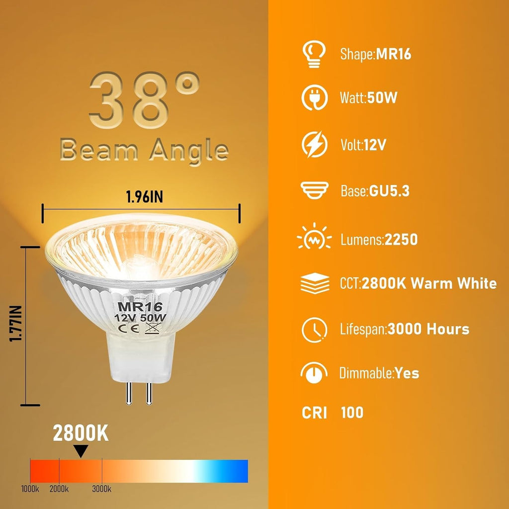 MR16 12V 50W Halogen Light Bulbs 2 Pin, 6 Pack MR16 Halogen Bulb 50W GU5.3 Base Dimmable Indoor Outdoor Flood Halogen
