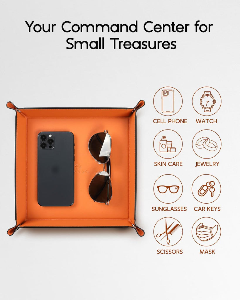 Travel Valet Tray, Foldable PU Leather Catchall Tray, Orange Black