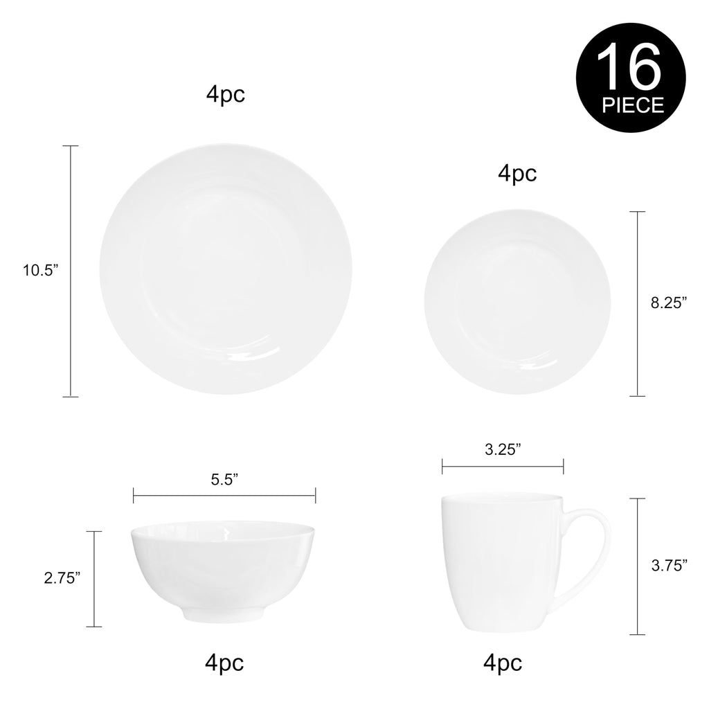 Bone China 16 Piece Dinnerware Set, Service for 4, White, Microwave Safe, Dishwasher Safe,Chip Resistant