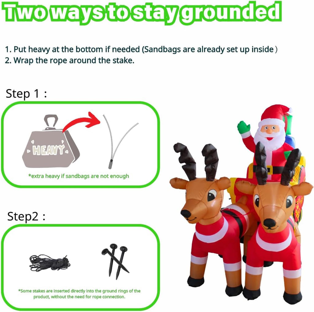 7FT Inflatable Sleigh with Santa and Reindeer Outdoor Decoration, Christmas Blow Up Yard Decorations, Built-in LED