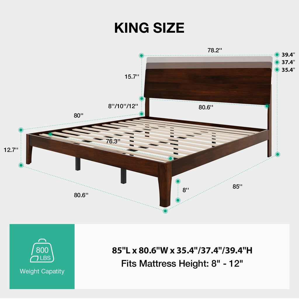 King Size Bed Frame with 3-Level Adjustable Storage Headboard, Solid Wood Platform Bed Frame with Slats, No Box