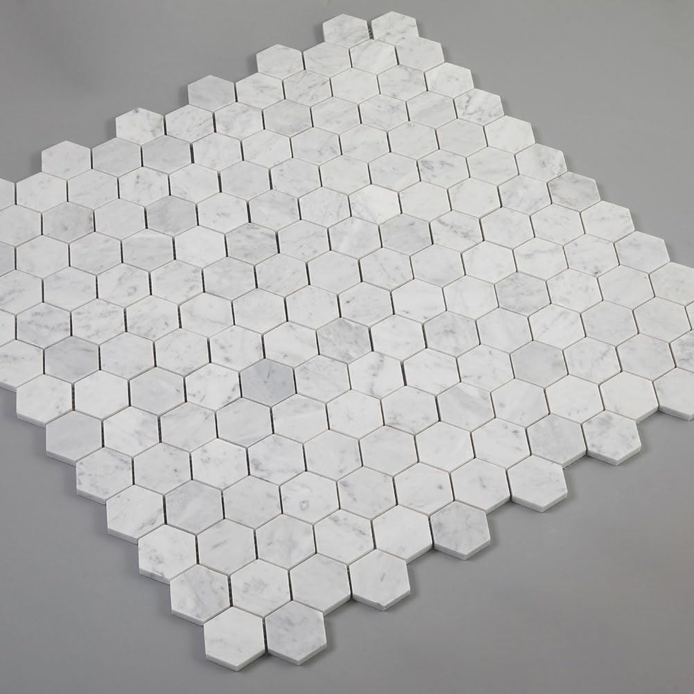 Carrara White Marble Mosaic Tile, 2 Inch Hexagon, Matte, Italian Bianco Carrera Marble Backsplash Bathroom Wall