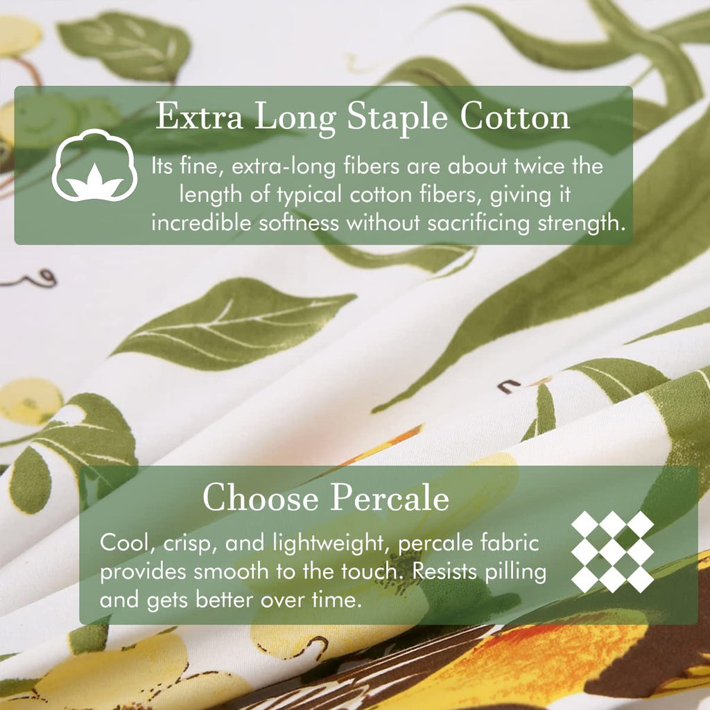 4Pcs Birds Sheets Set for Bed, Farmhouse Green Leaves Pattern, Luxurious Egyptian Percale Cotton Bed Sheet Silky