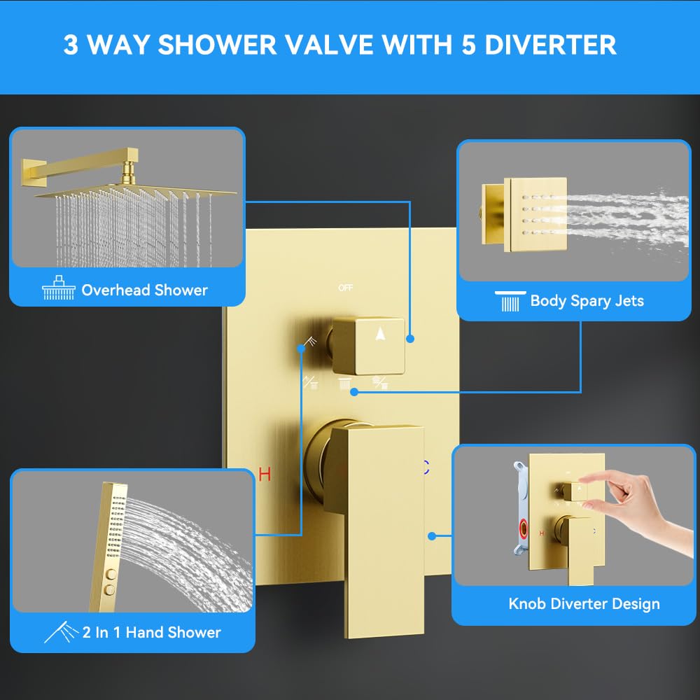Brushed Gold Shower System with Body Jets, 12 Inch Rainfall Shower System and 2 in 1 Handheld Spray Shower Jets